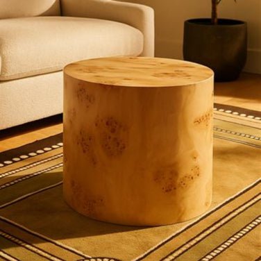 Natural Burl Wood Round Side Table with Drum Shape Design, Mota - Joe’s Haven