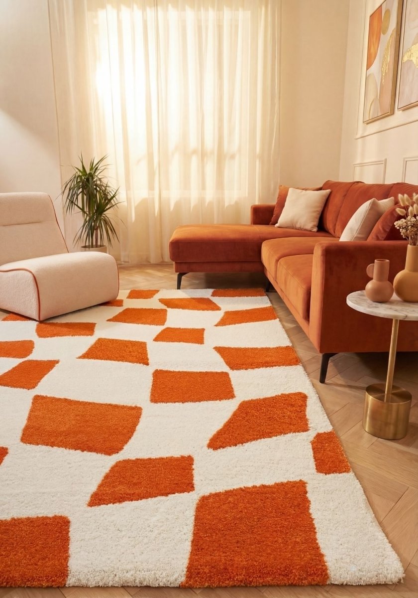 Joli Checkered Orange & White Rug - Joe’s Haven