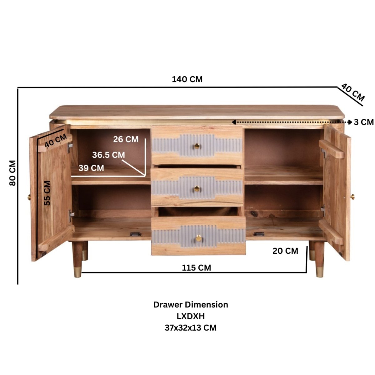 Berkley Acacia Wood 2 Doors 3 Drawers Sideboard - Joe’s Haven