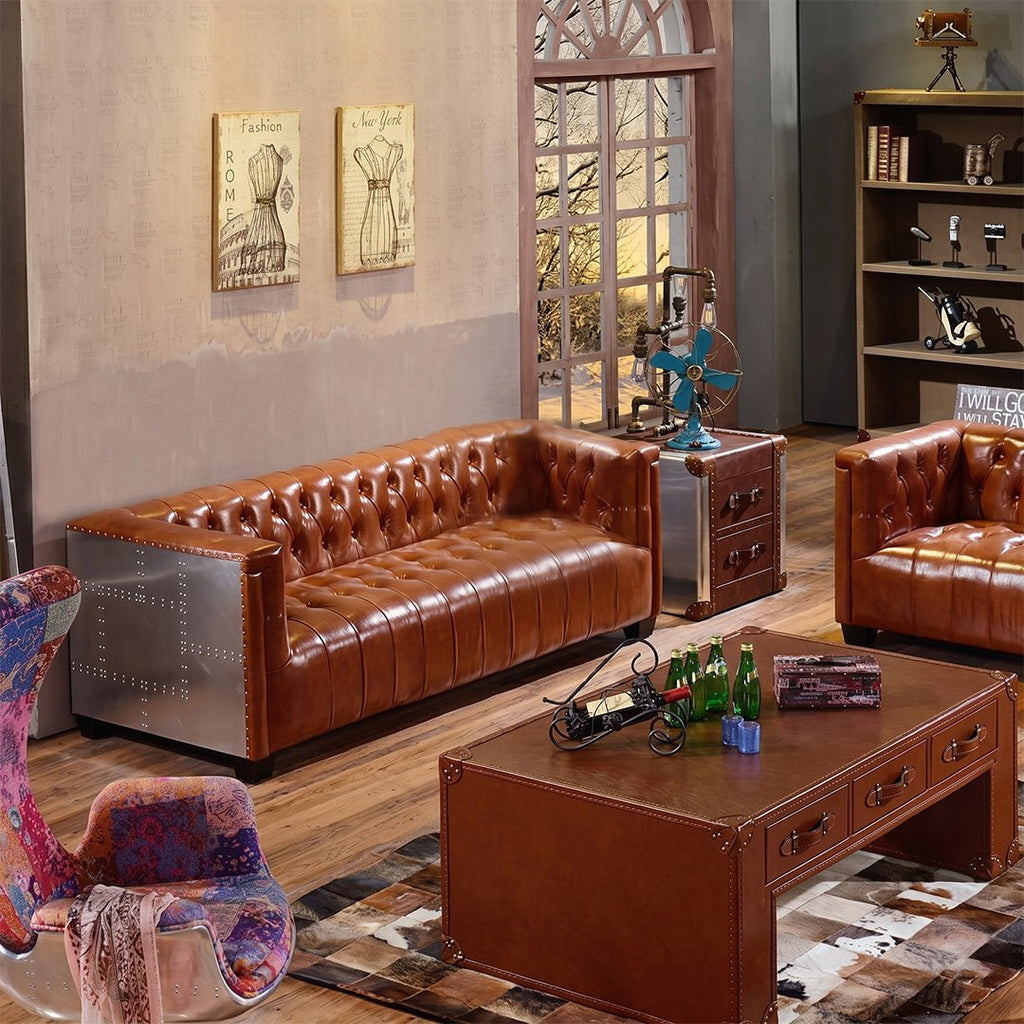 Aviator Three Seater Sofa, Real Leather And Aluminium - Joe’s Haven