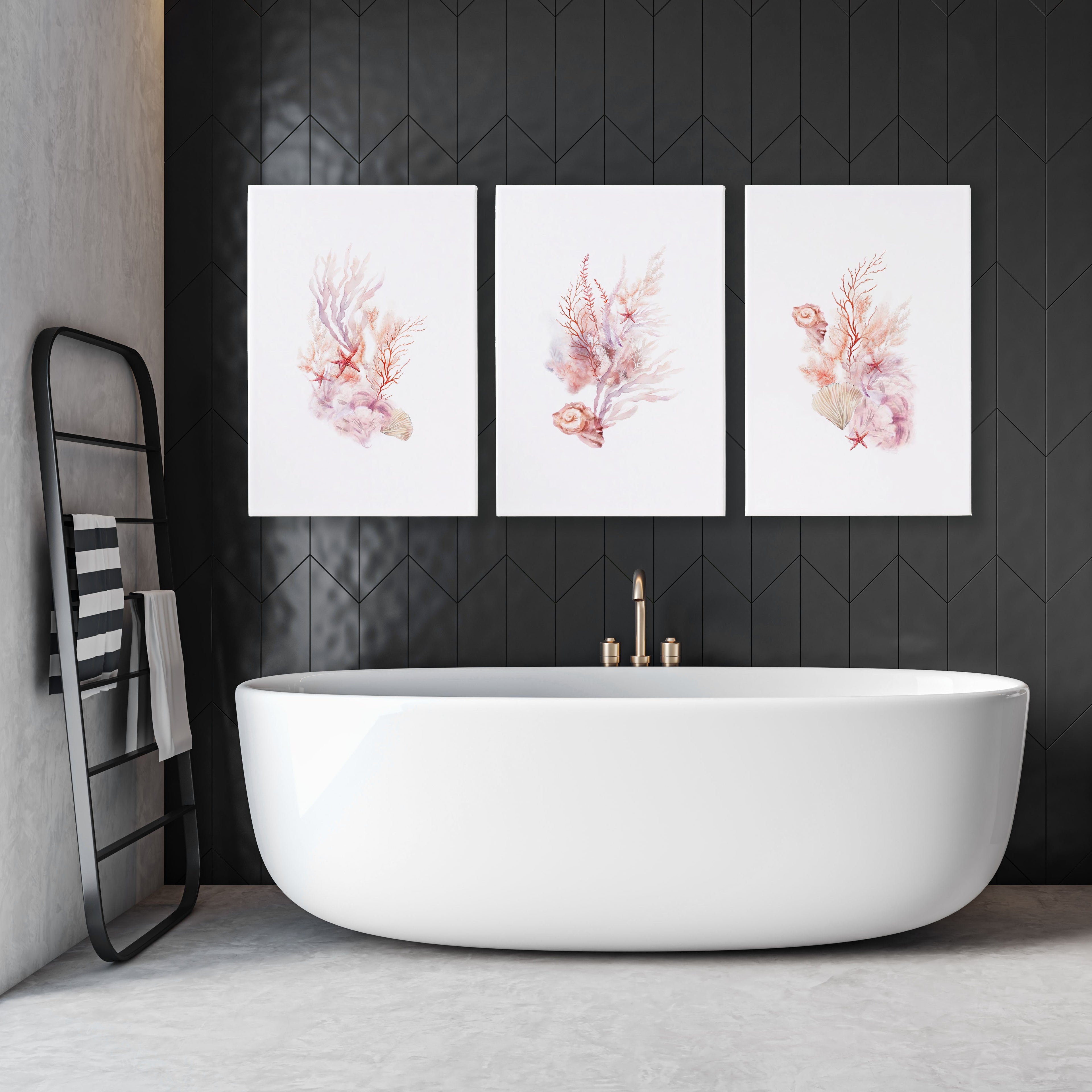 Framed Pictures For The Bathroom | Set of 3 Seashells Wall art Prints