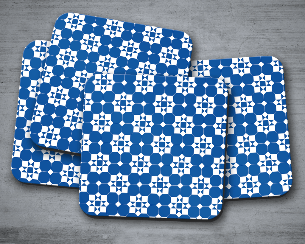 Blue and White Geometric Tiles Design Coaster, Table Decor Drinks Mat - Joe’s Haven
