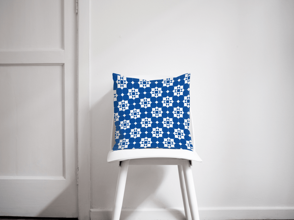 Blue and White Geometric Tiles Design Cushion, Throw Pillow - Joe’s Haven