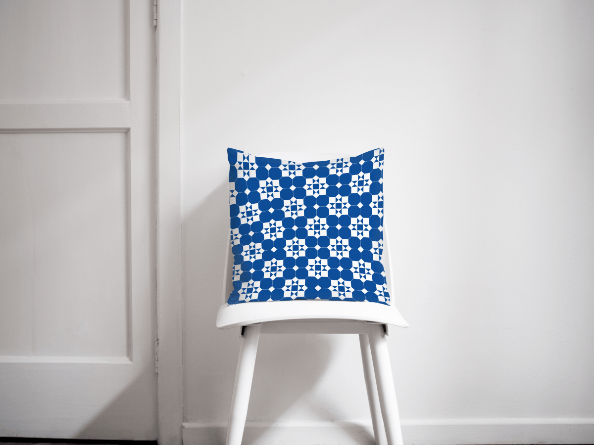Blue and White Geometric Tiles Design Cushion, Throw Pillow - Joe’s Haven