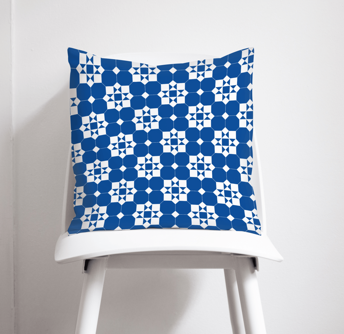 Blue and White Geometric Tiles Design Cushion, Throw Pillow - Joe’s Haven