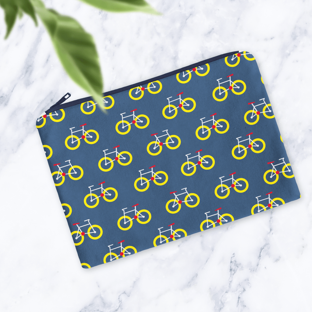 Dark Blue Bicycle Print Makeup Bag - Handmade Cosmetic Pouch with Water - Resistant Lining - Joe’s Haven