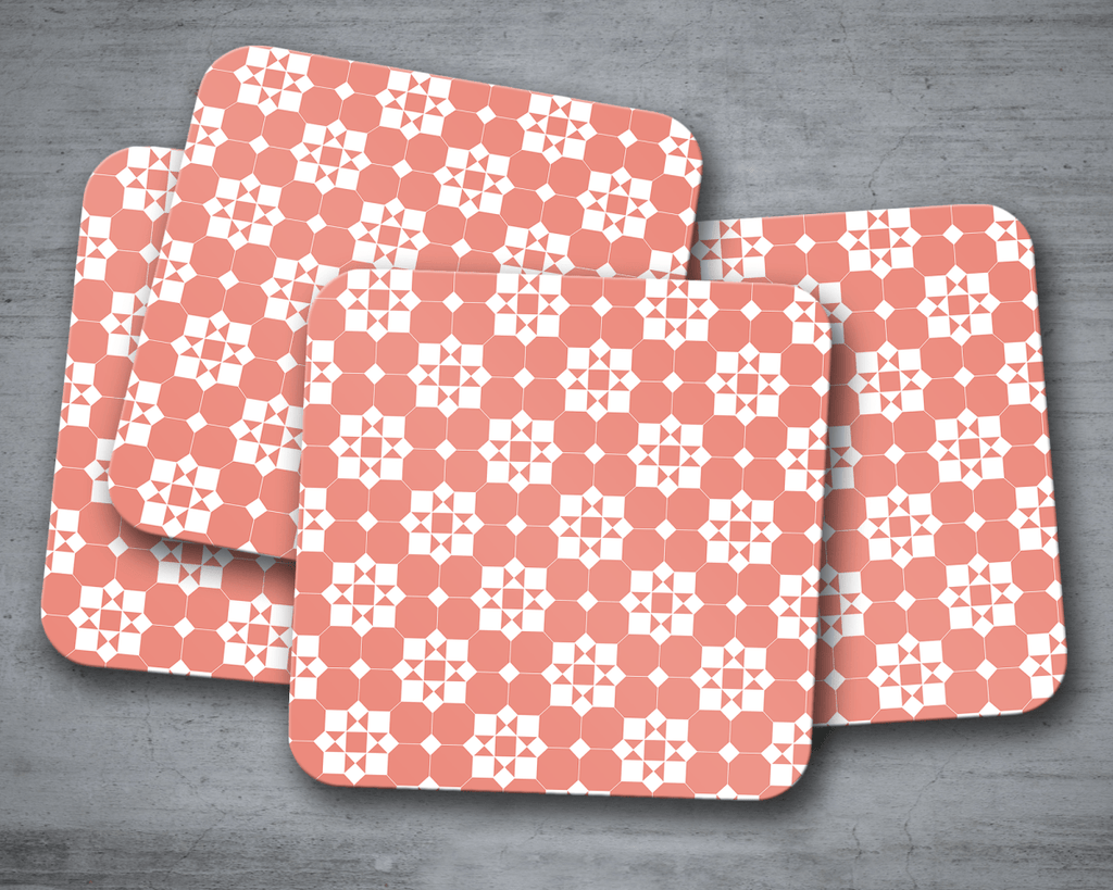 Coral and White Geometric Tiles Design Coasters, Table Decor Drinks Mat - Joe’s Haven