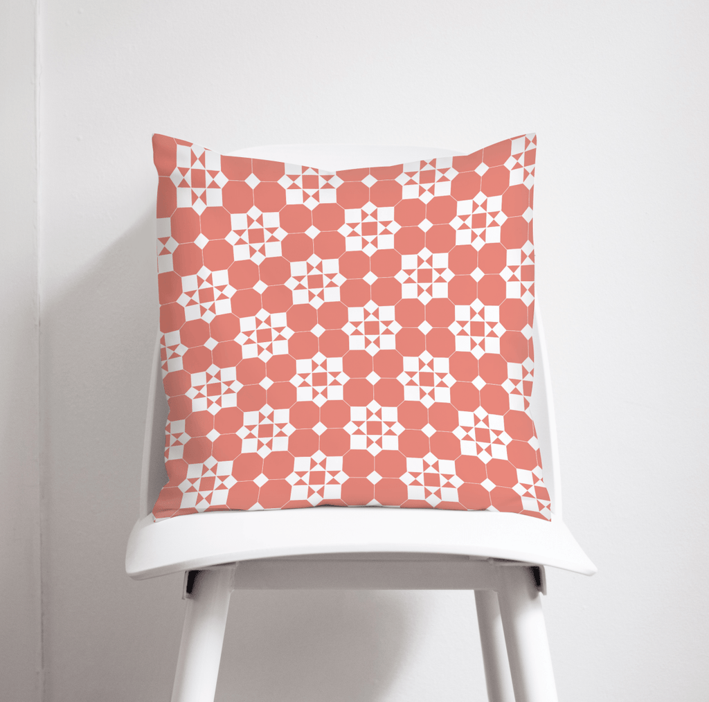 Coral and White Geometric Tiles Design Cushion, Throw Pillow - Joe’s Haven