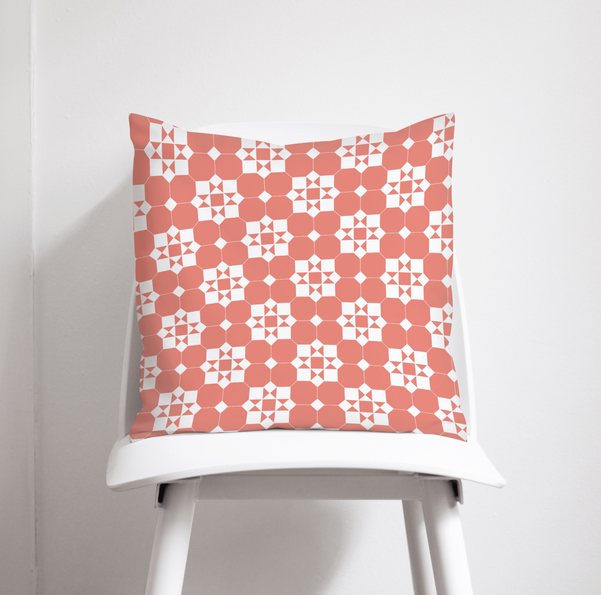 Coral and White Geometric Tiles Design Cushion, Throw Pillow - Joe’s Haven