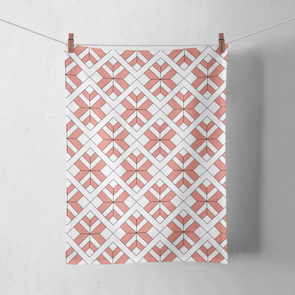 Coral and White Tea Towel with a Geometric Design, Dish Towel, Kitchen Towel - Joe’s Haven