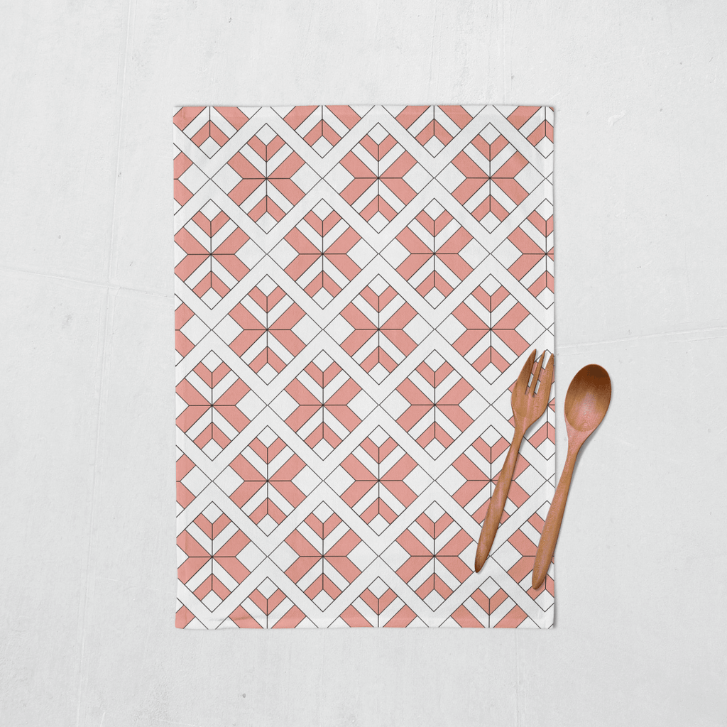 Coral and White Tea Towel with a Geometric Design, Dish Towel, Kitchen Towel - Joe’s Haven