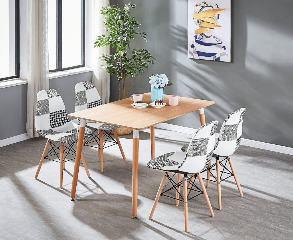 Black/White Patchwork Modern Dining Chair with Wooden Legs & Black Metal Wire Frame - Joe’s Haven