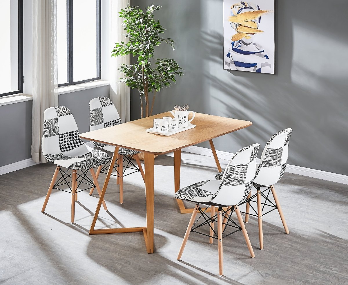 Black/White Patchwork Modern Dining Chair with Wooden Legs & Black Metal Wire Frame - Joe’s Haven