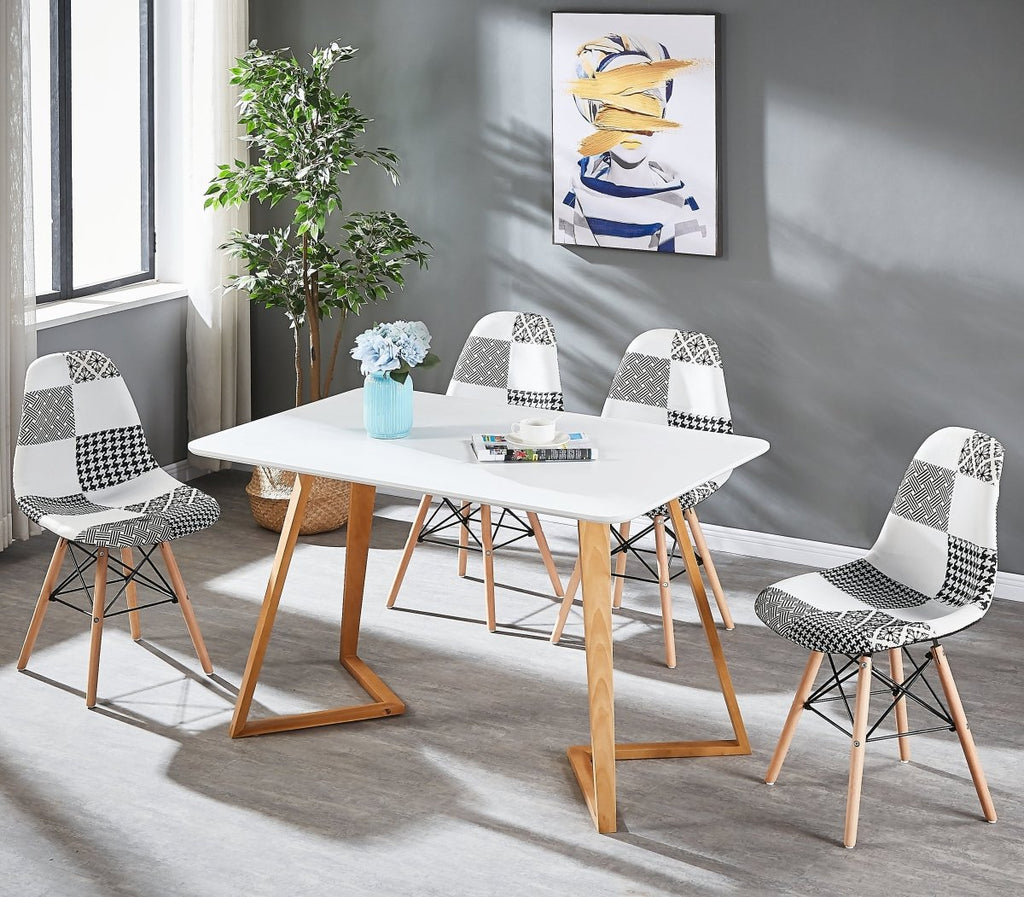 Black/White Patchwork Modern Dining Chair with Wooden Legs & Black Metal Wire Frame - Joe’s Haven
