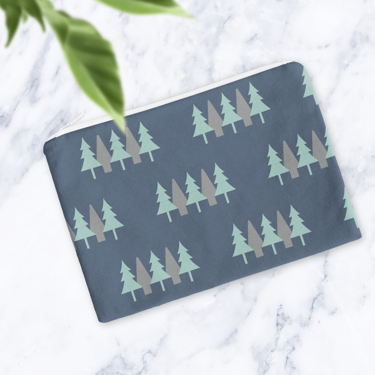 Navy Blue Scandinavian Forest Makeup Bag - Handmade Cosmetic Pouch with Water Resistant Lining - Dog Lover Gift - Travel Beauty Bag - Joe’s Haven
