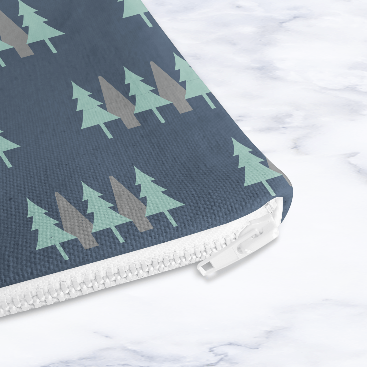 Navy Blue Scandinavian Forest Makeup Bag - Handmade Cosmetic Pouch with Water Resistant Lining - Dog Lover Gift - Travel Beauty Bag - Joe’s Haven