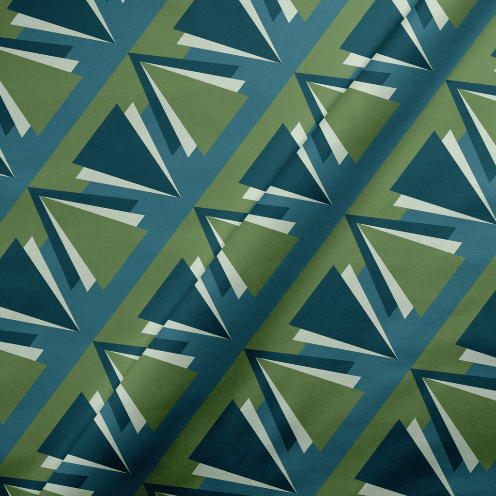 Green and Blue Art Deco Geometric Cotton Drill Fabric - Joe’s Haven