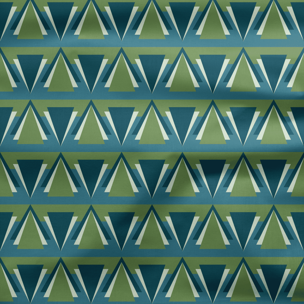 Green and Blue Art Deco Geometric Cotton Drill Fabric - Joe’s Haven