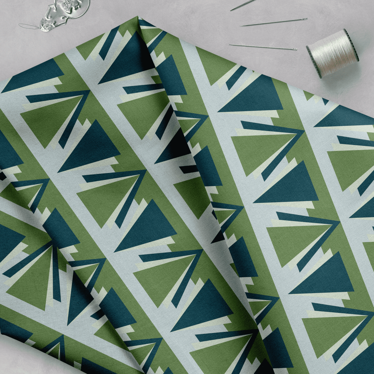 Green and Grey Art Deco Geometric Cotton Drill Fabric - Joe’s Haven