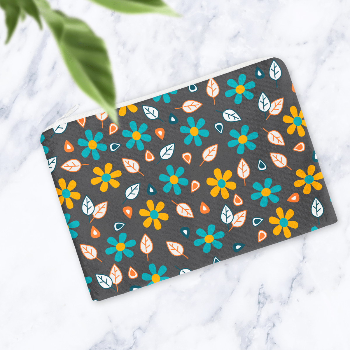 Grey and Turquoise Floral Makeup Bag - Mustard Yellow Flowers Cosmetic Pouch Travel Beauty Case Canvas - Joe’s Haven