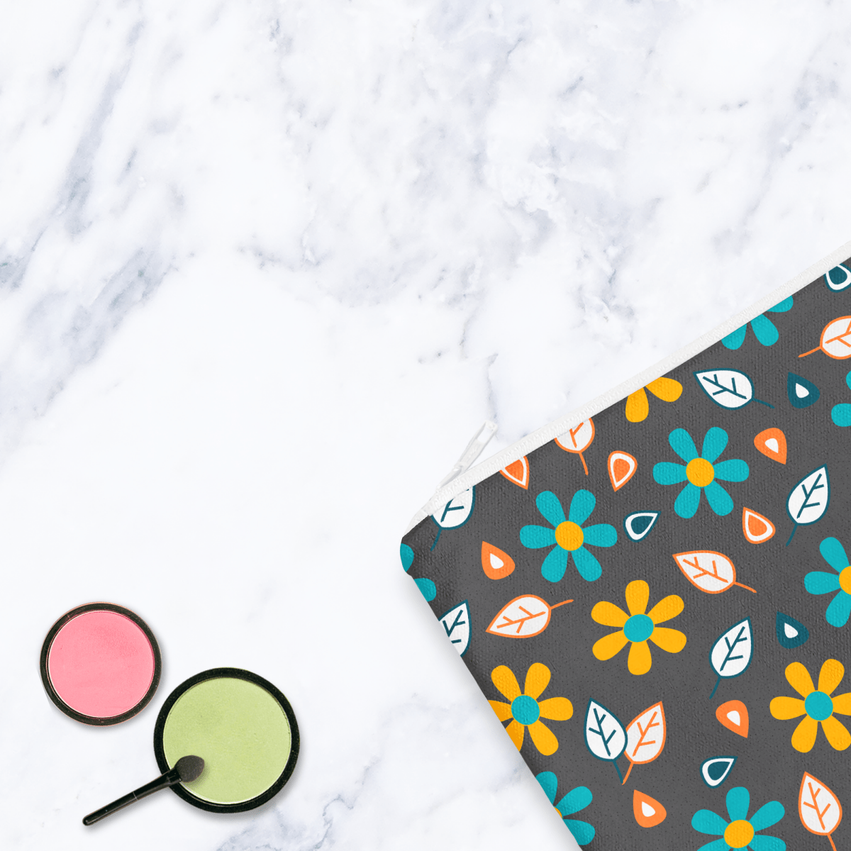 Grey and Turquoise Floral Makeup Bag - Mustard Yellow Flowers Cosmetic Pouch Travel Beauty Case Canvas - Joe’s Haven