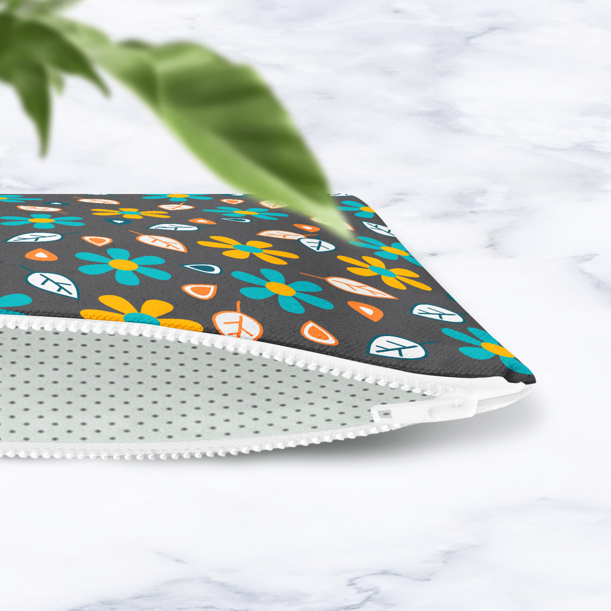 Grey and Turquoise Floral Makeup Bag - Mustard Yellow Flowers Cosmetic Pouch Travel Beauty Case Canvas - Joe’s Haven