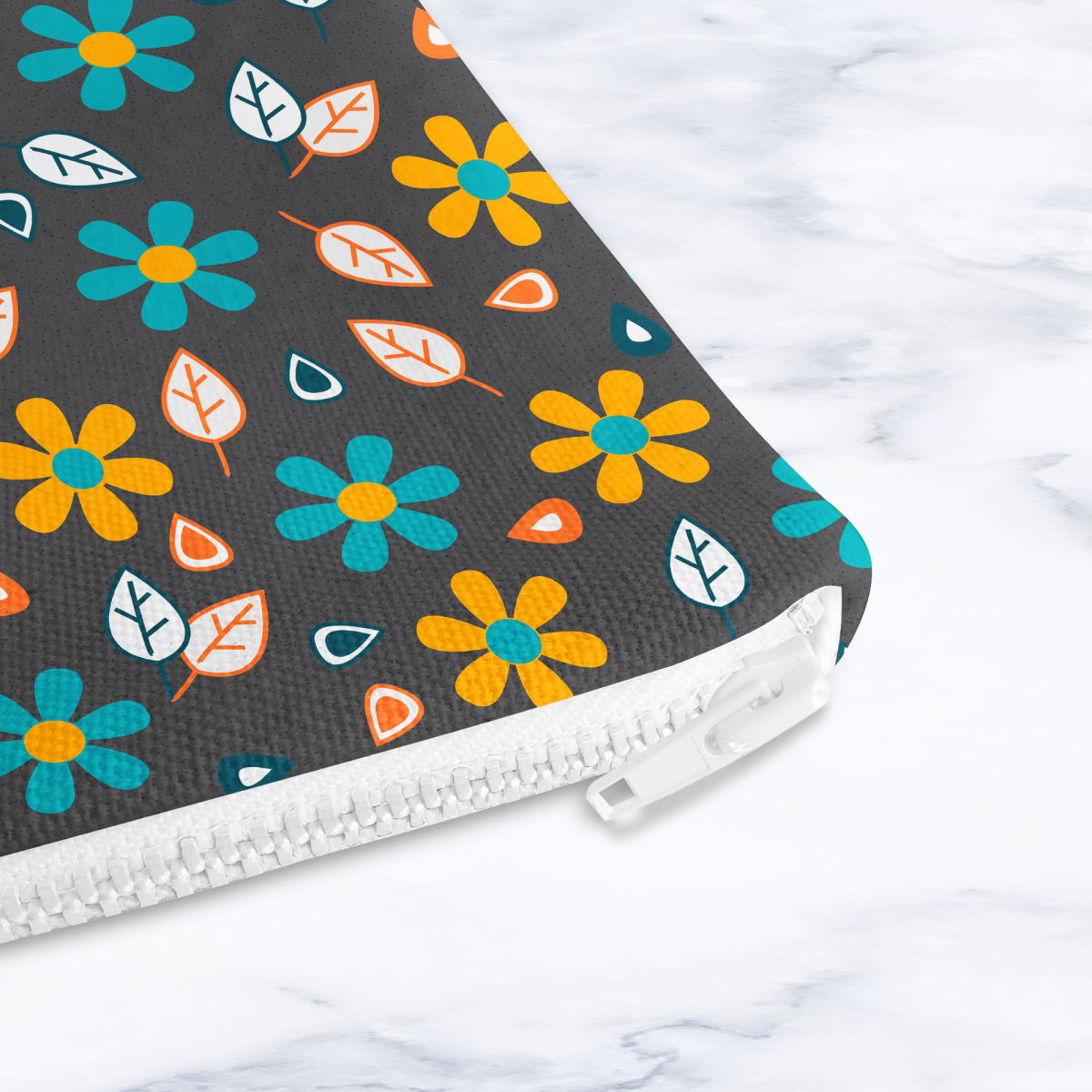 Grey and Turquoise Floral Makeup Bag - Mustard Yellow Flowers Cosmetic Pouch Travel Beauty Case Canvas - Joe’s Haven