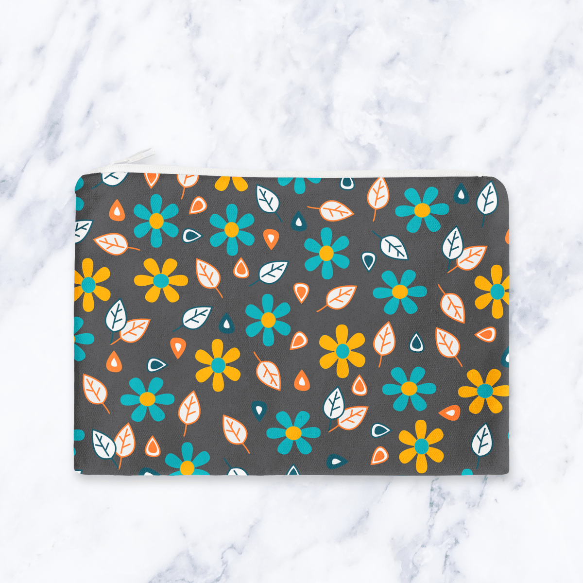 Grey and Turquoise Floral Makeup Bag - Mustard Yellow Flowers Cosmetic Pouch Travel Beauty Case Canvas - Joe’s Haven