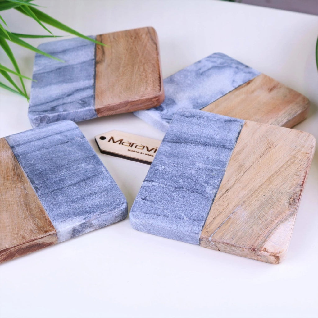 Salya Grey Marble and Wood Luxury Coasters - Joe’s Haven