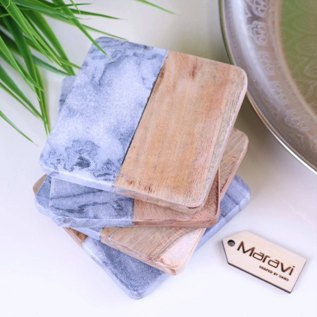 Salya Grey Marble and Wood Luxury Coasters - Joe’s Haven