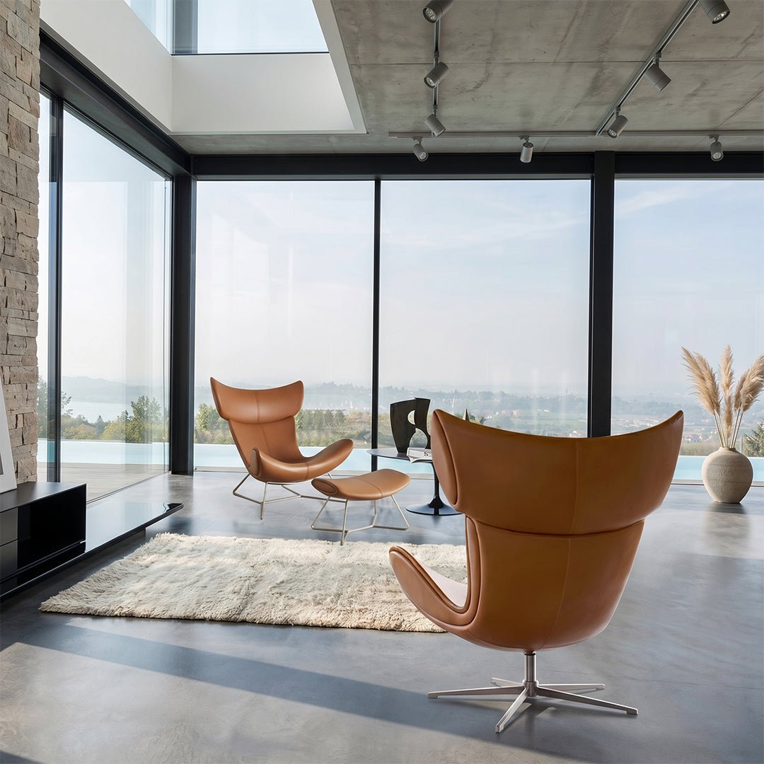 Imola Chair And Ottoman, Star Legs & Black Leather - Joe’s Haven