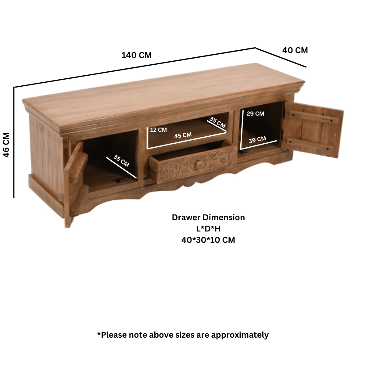 Carved Mango Wood TV Cabinet With 2 Doors, 1 Drawers - Joe’s Haven
