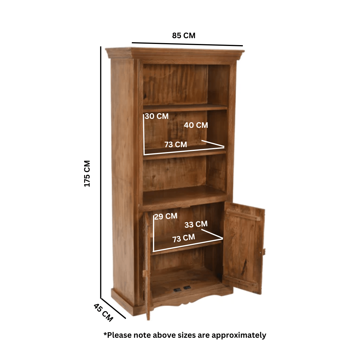 Carved Mango Wood Large Corner Bookcase 3 Shelving & 1 Door - Joe’s Haven