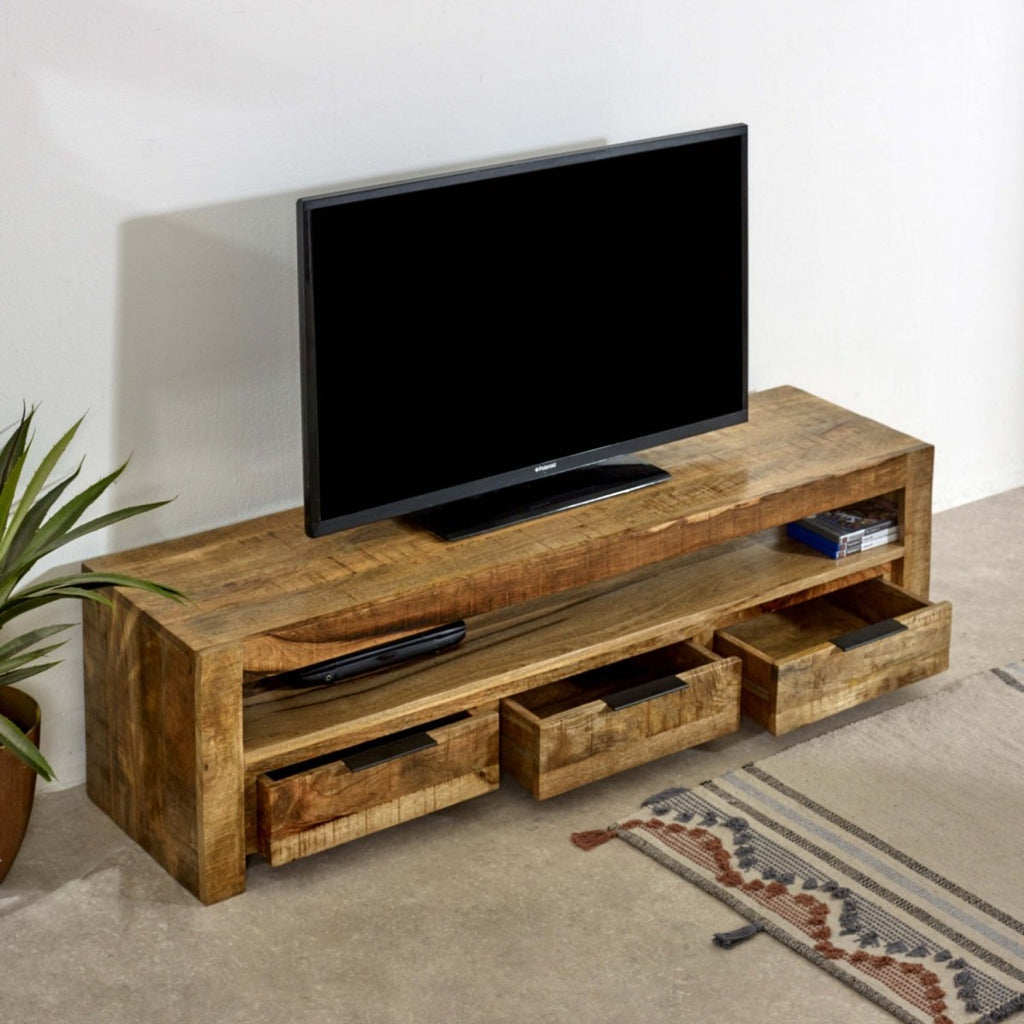 Merlin Mango Wooden Large TV Stand With 3 Drawers - Joe’s Haven