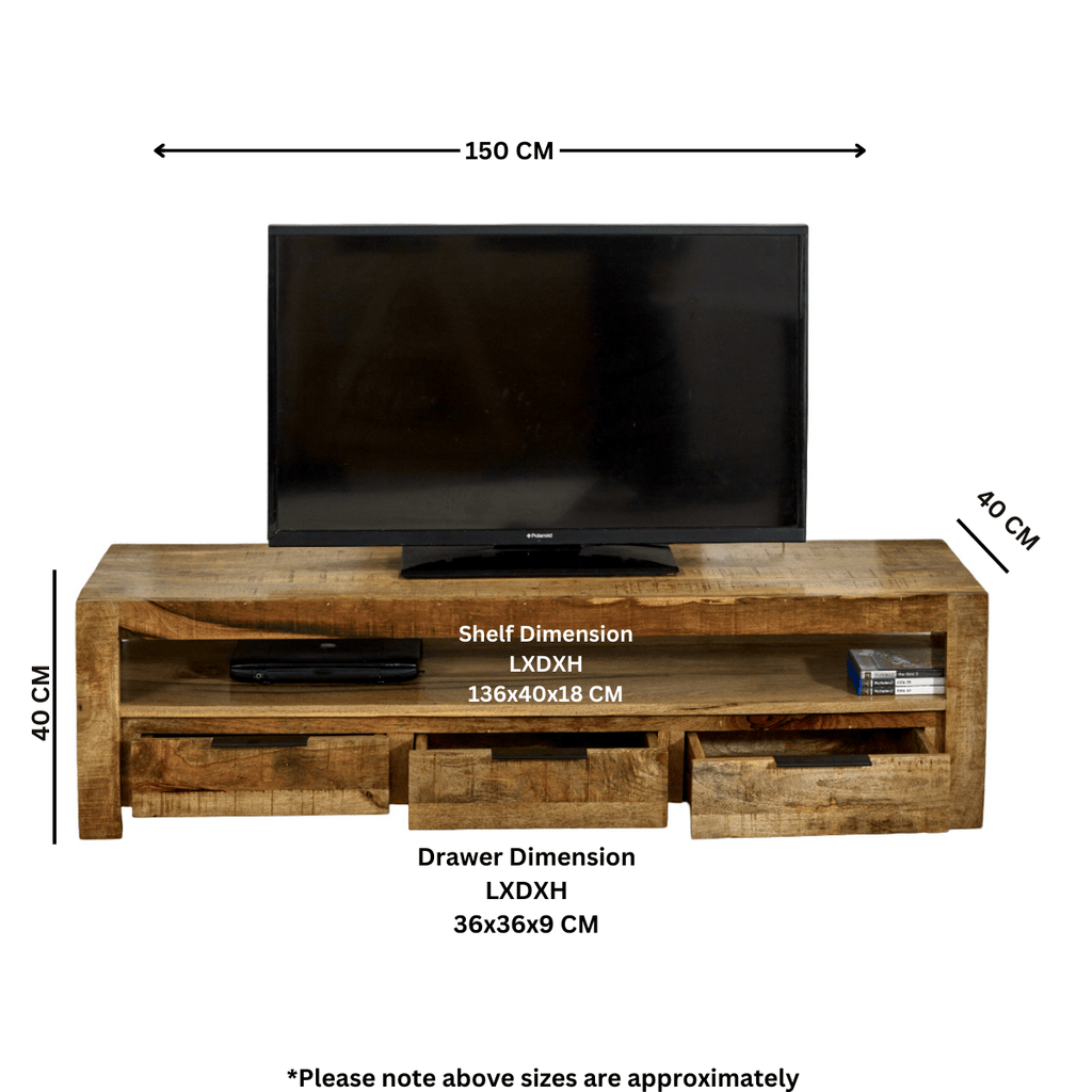 Merlin Mango Wooden Large TV Stand With 3 Drawers - Joe’s Haven