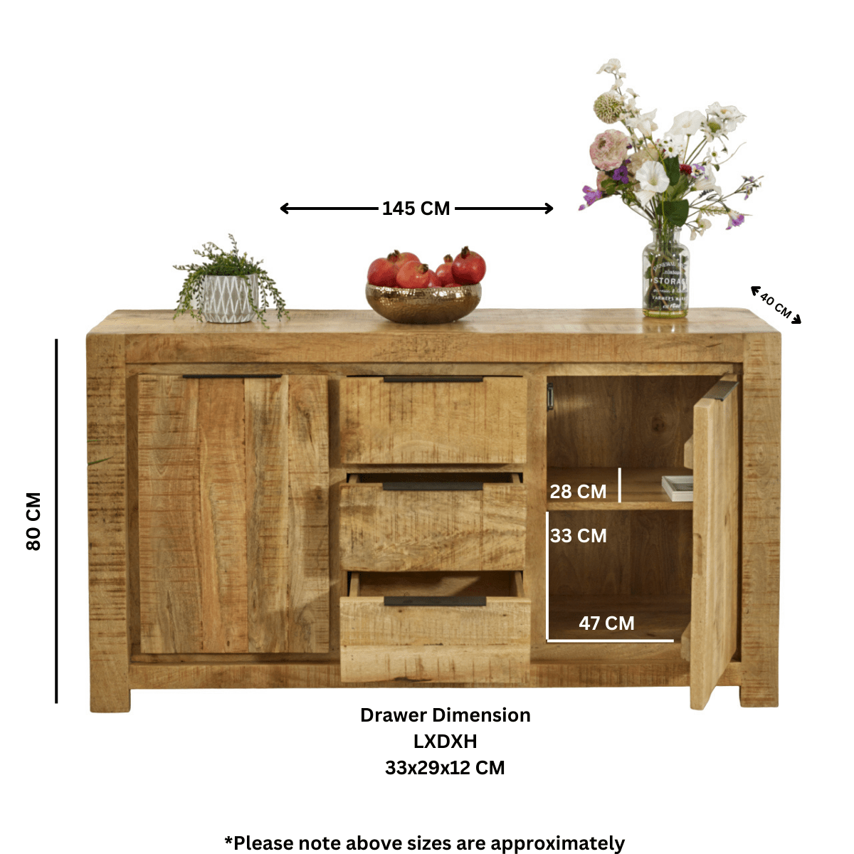 Merlin Mango Wooden Large Sideboard 2 Door & 3 Drawer - Joe’s Haven