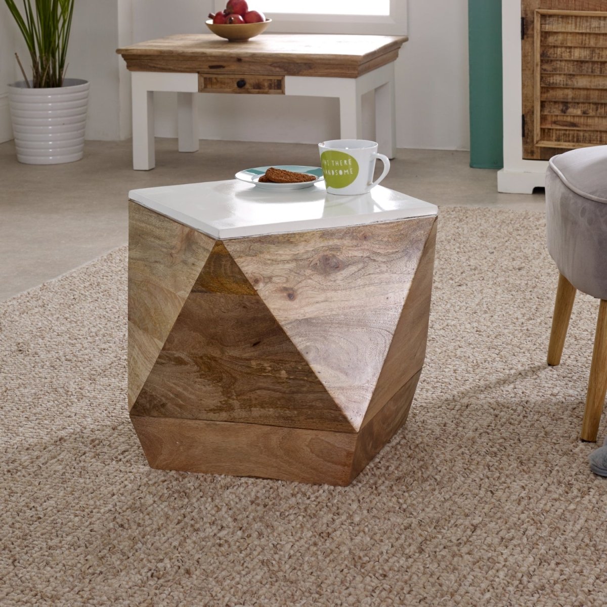 Bianco Solid Mango Wood White Side Table - Joe’s Haven