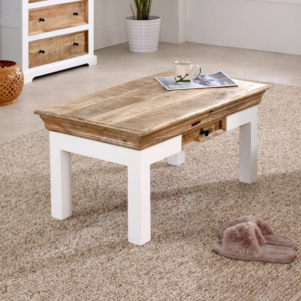 Bianco Solid Mango Wood White Coffee Table With Drawer - Joe’s Haven