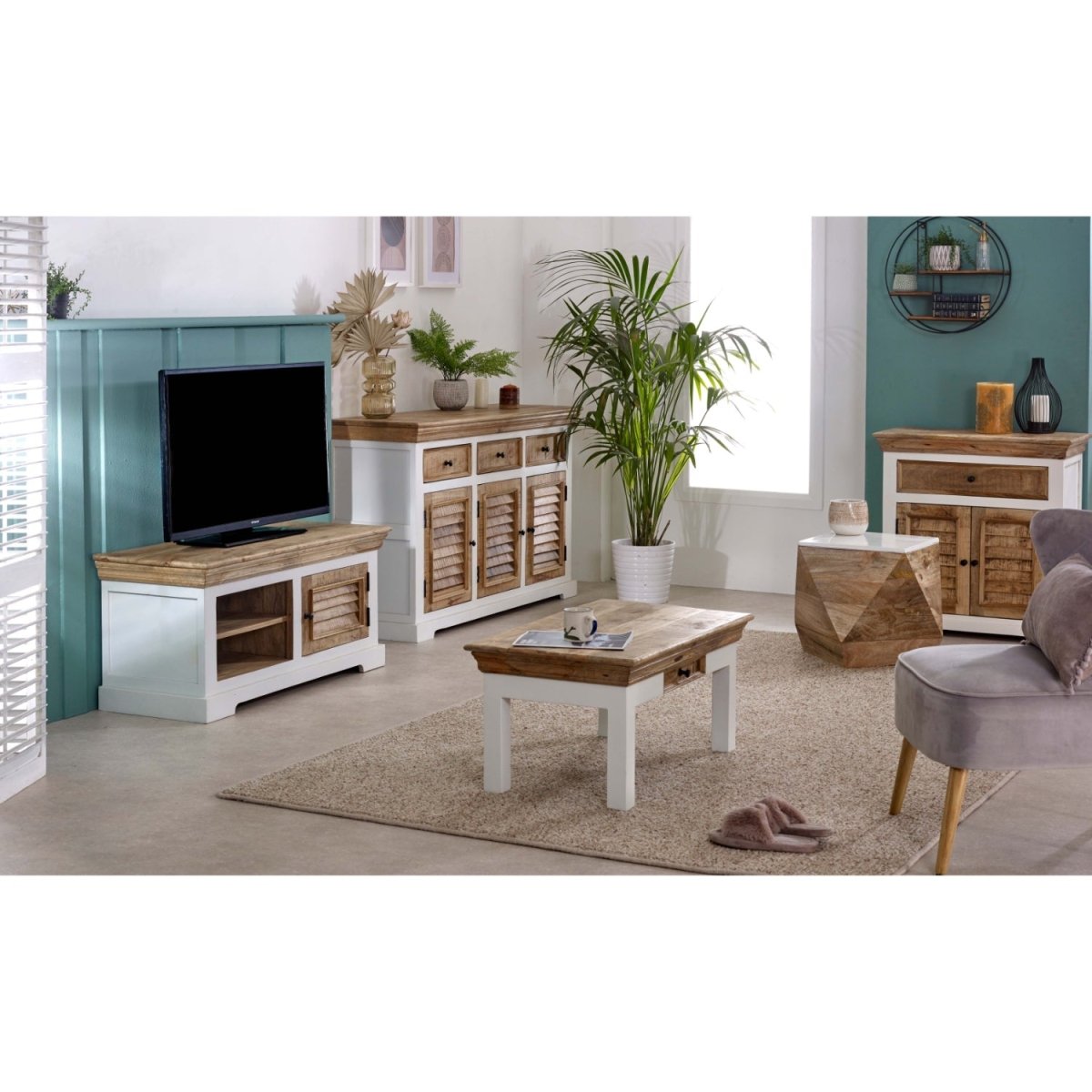 Bianco Solid Mango Wood White Coffee Table With Drawer - Joe’s Haven