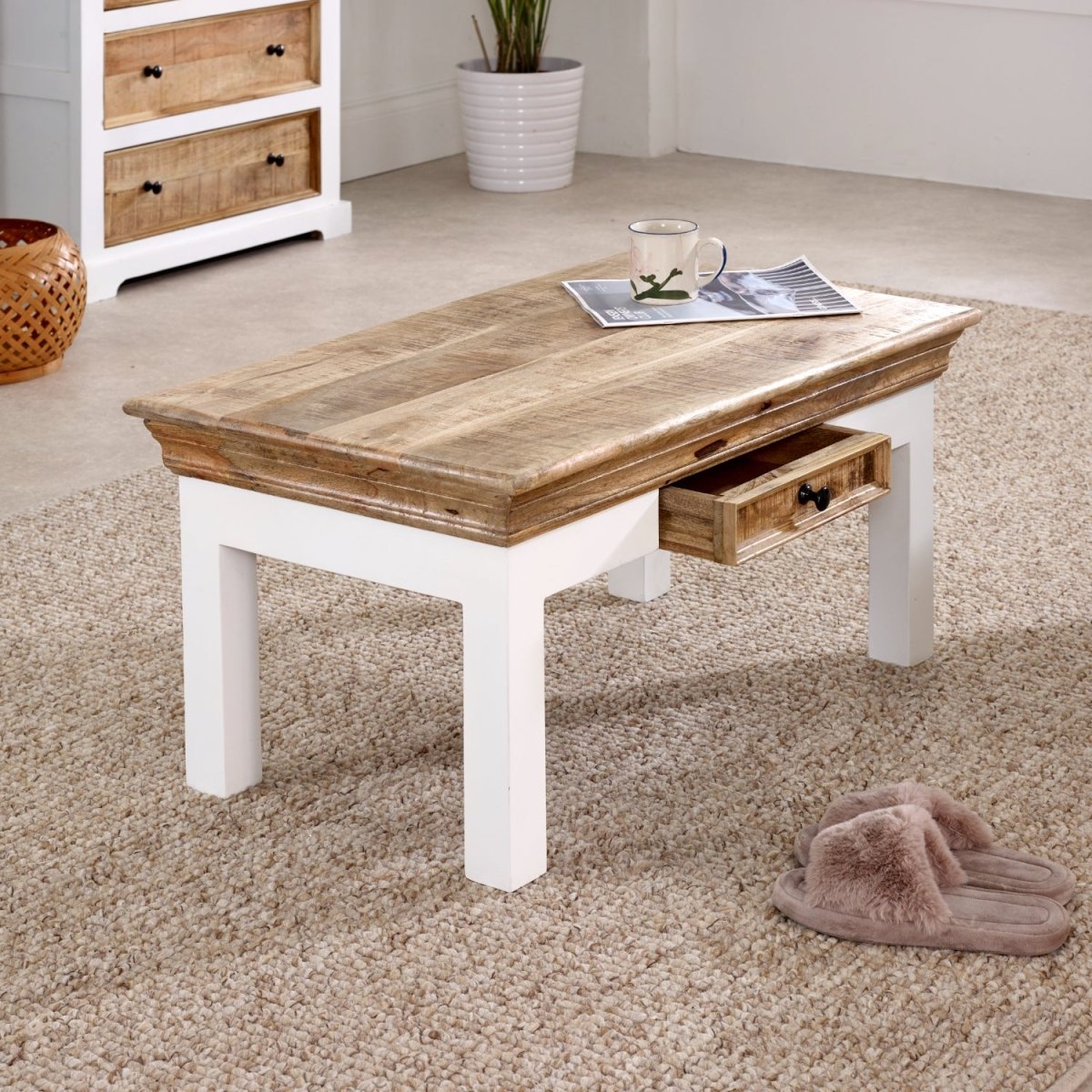 Bianco Solid Mango Wood White Coffee Table With Drawer - Joe’s Haven