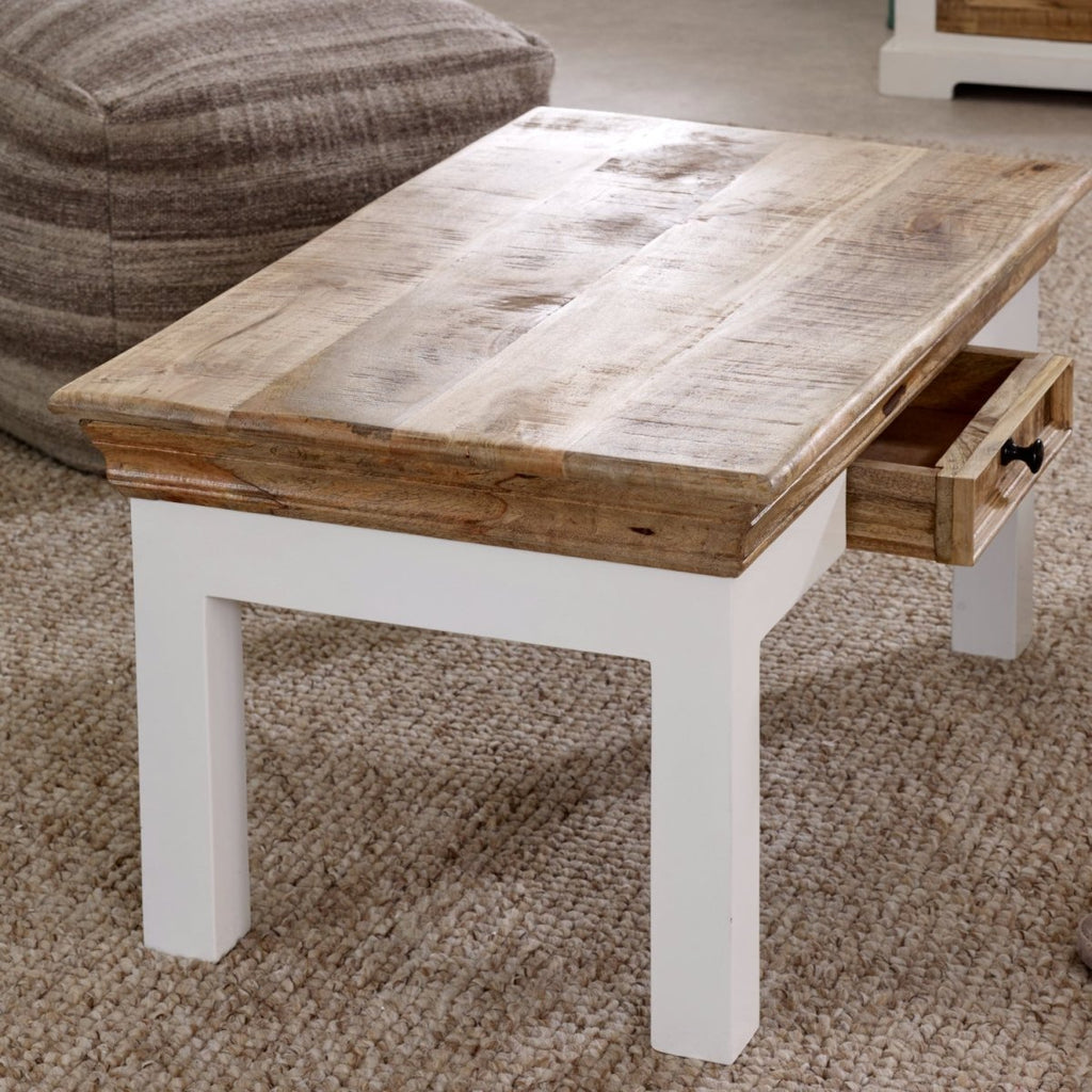 Bianco Solid Mango Wood White Coffee Table With Drawer - Joe’s Haven