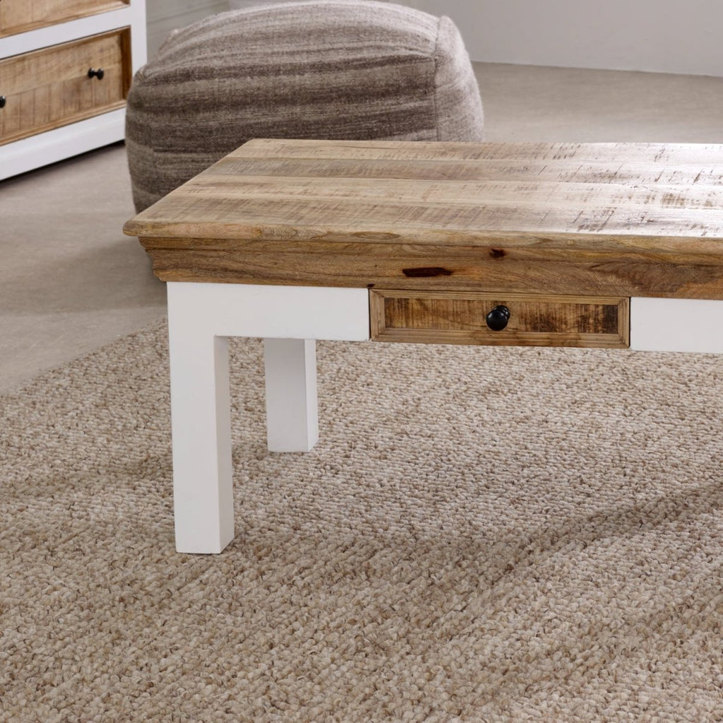 Bianco Solid Mango Wood White Coffee Table With Drawer - Joe’s Haven