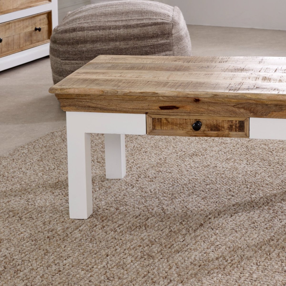 Bianco Solid Mango Wood White Coffee Table With Drawer - Joe’s Haven