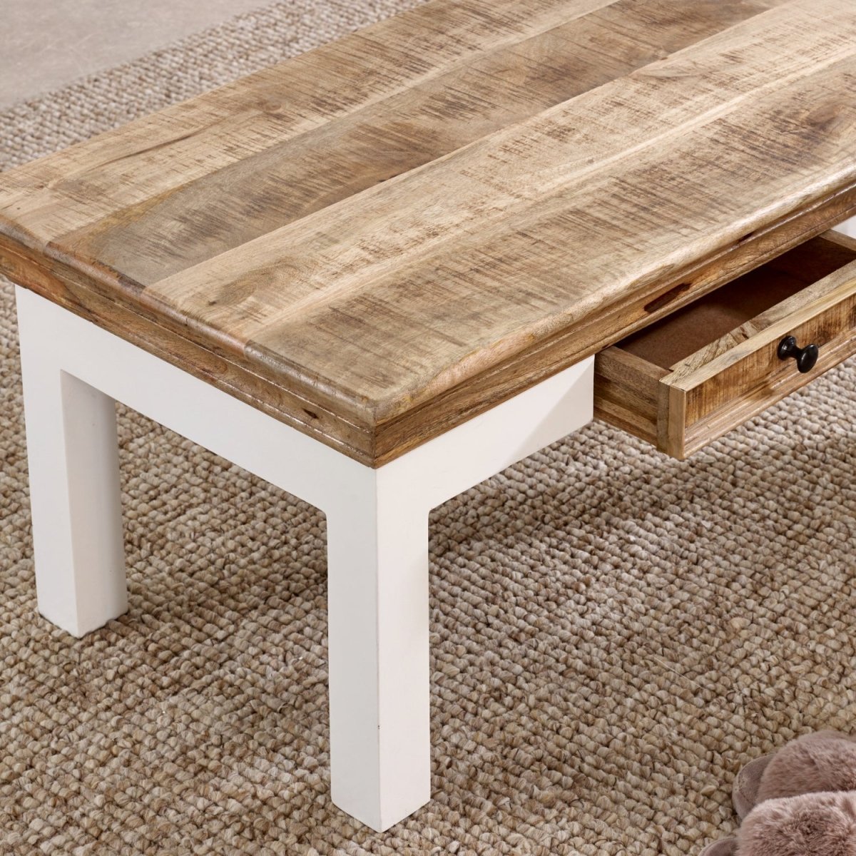 Bianco Solid Mango Wood White Coffee Table With Drawer - Joe’s Haven