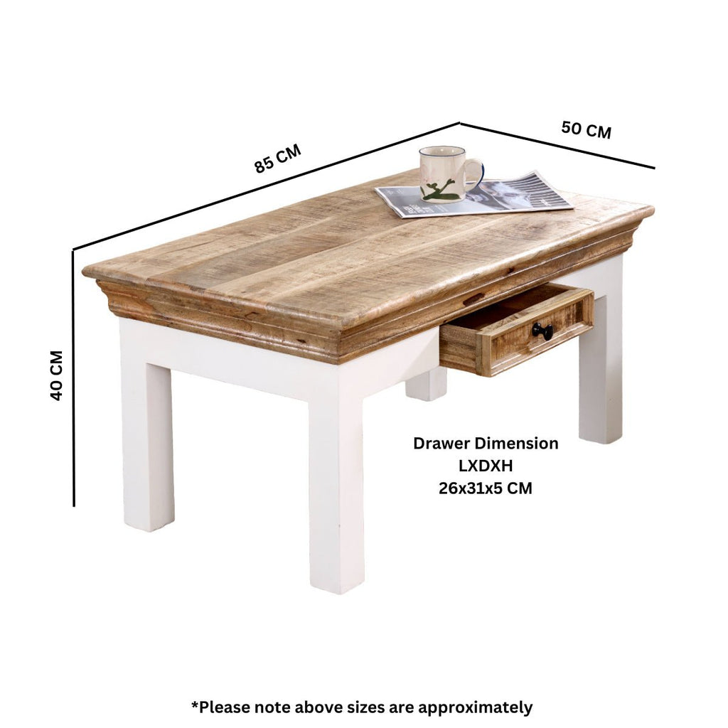 Bianco Solid Mango Wood White Coffee Table With Drawer - Joe’s Haven
