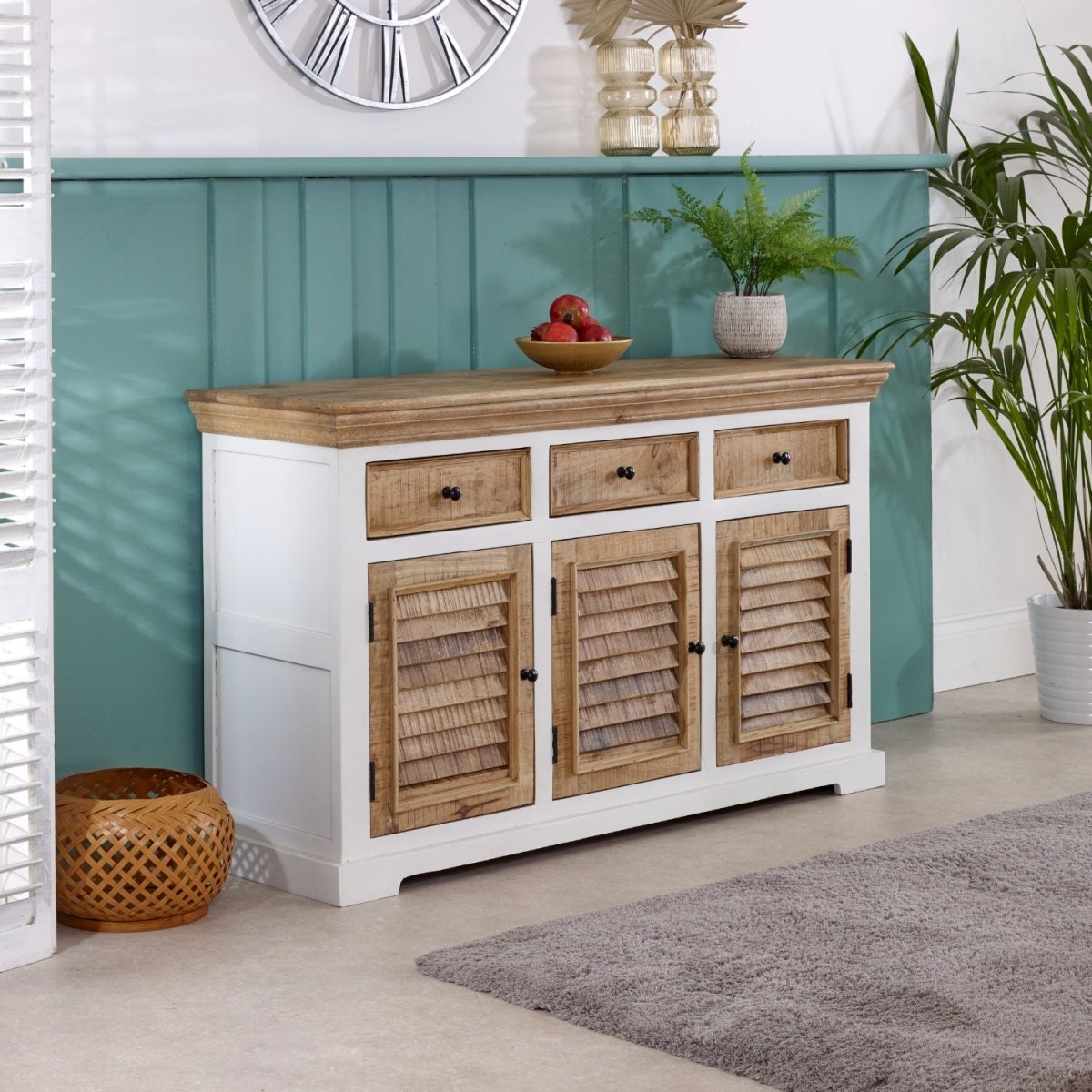 Bianco Solid Mango Wood Large Sideboard 3 Doors & 3 Drawers White - Joe’s Haven