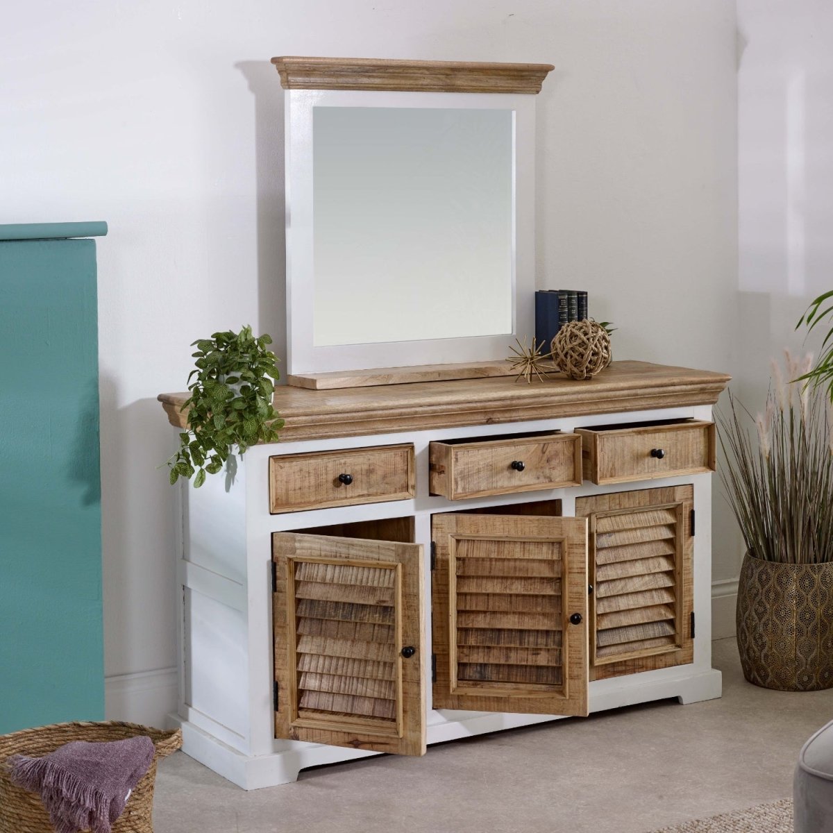 Bianco Solid Mango Wood Large Sideboard 3 Doors & 3 Drawers White - Joe’s Haven