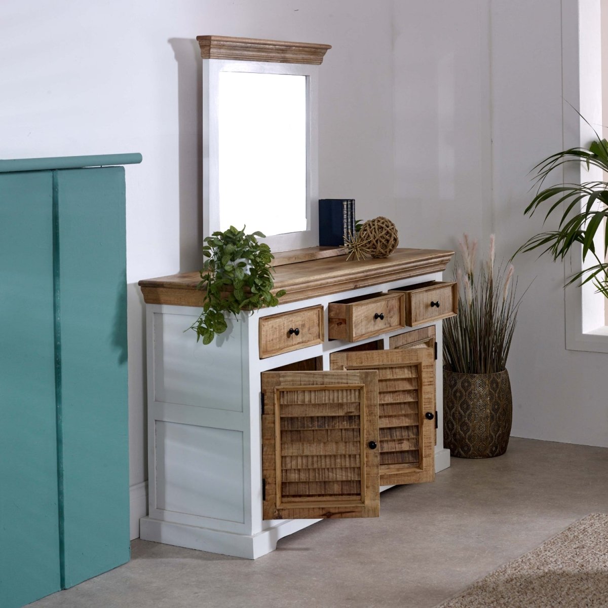 Bianco Solid Mango Wood Large Sideboard 3 Doors & 3 Drawers White - Joe’s Haven