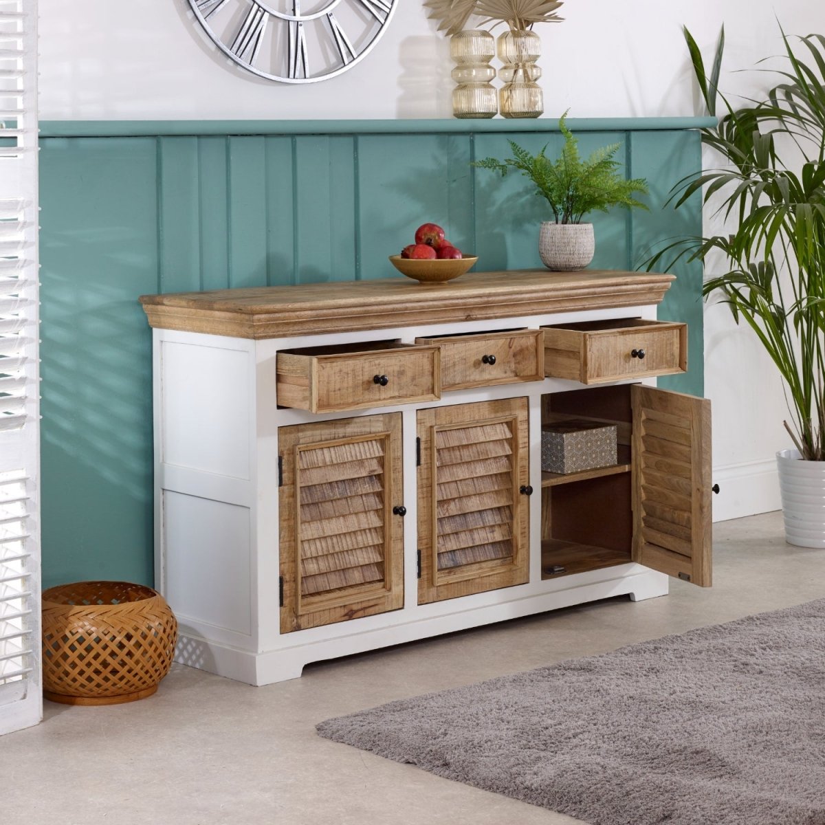 Bianco Solid Mango Wood Large Sideboard 3 Doors & 3 Drawers White - Joe’s Haven