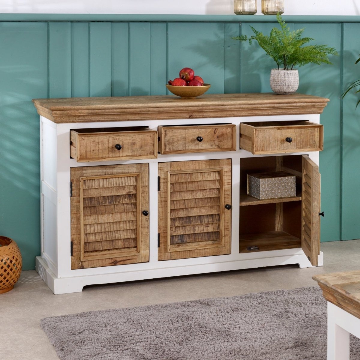 Bianco Solid Mango Wood Large Sideboard 3 Doors & 3 Drawers White - Joe’s Haven